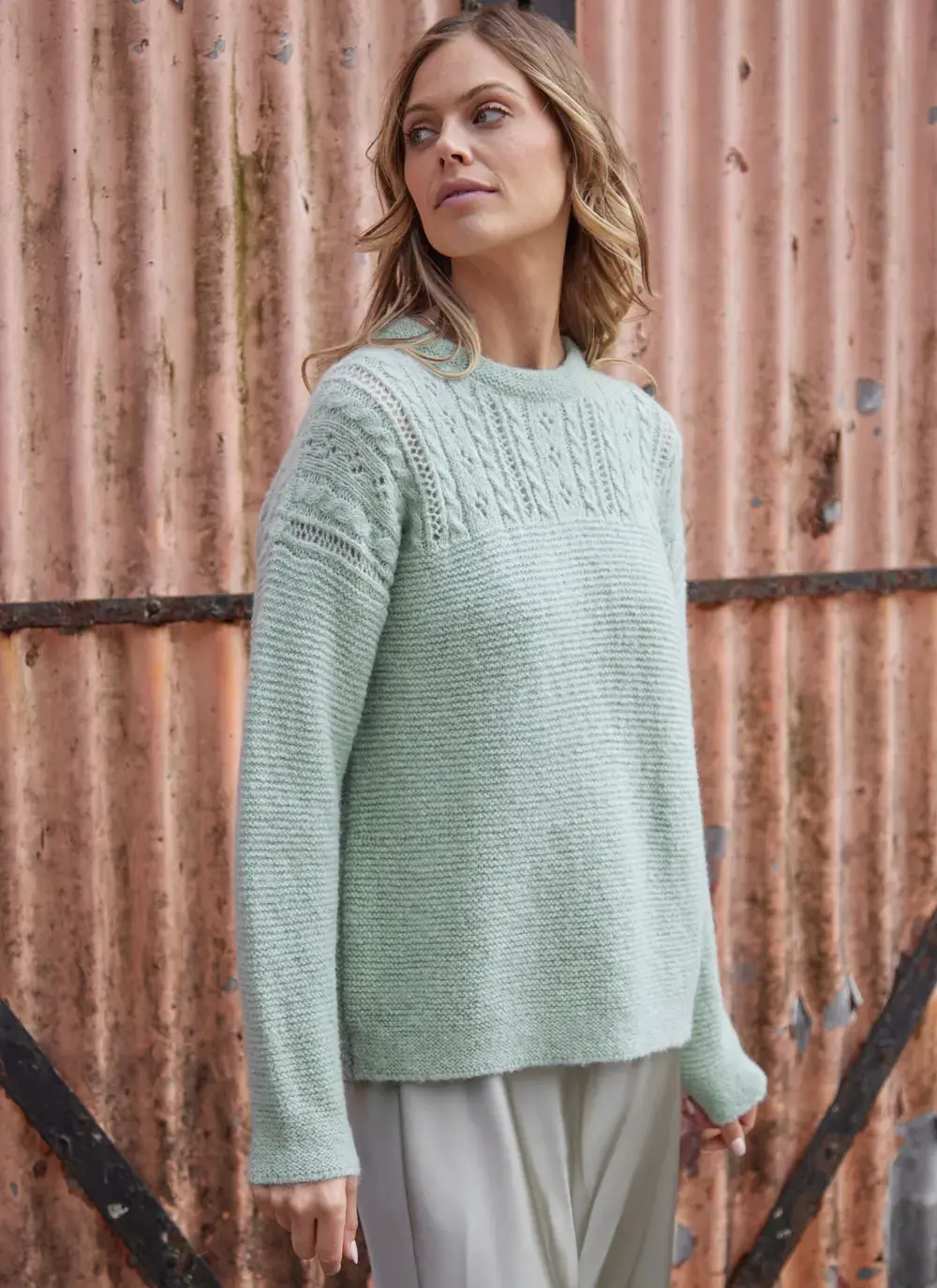 Fisherman Alpaca Eyelet Stitch Crew Neck Sweater