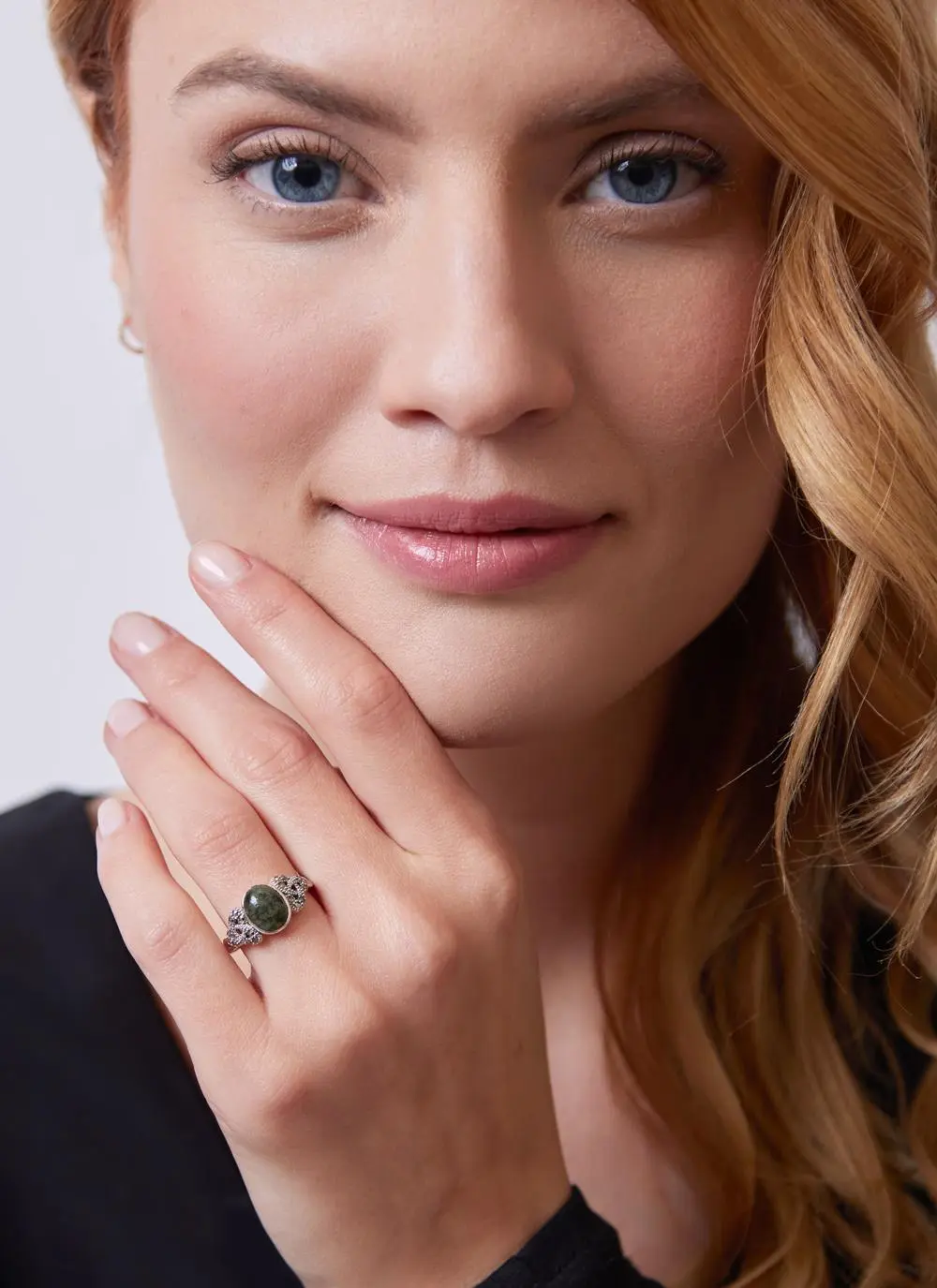 Sterling Silver & Connemara Marble Trinity Knot Ring with Marcasite