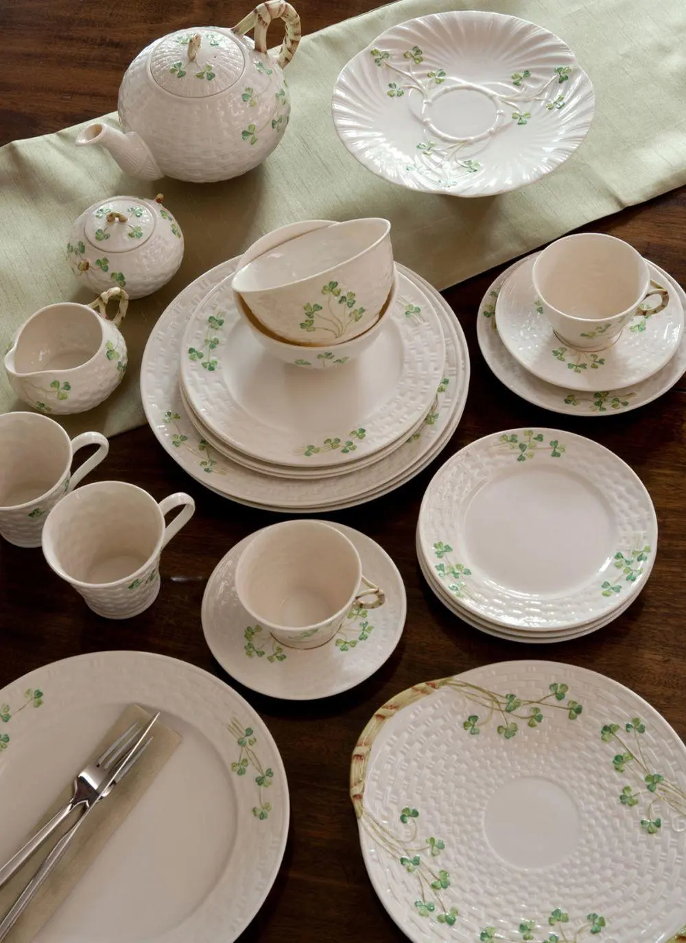 Belleek Shamrock Basketweave Mugs Set of 2