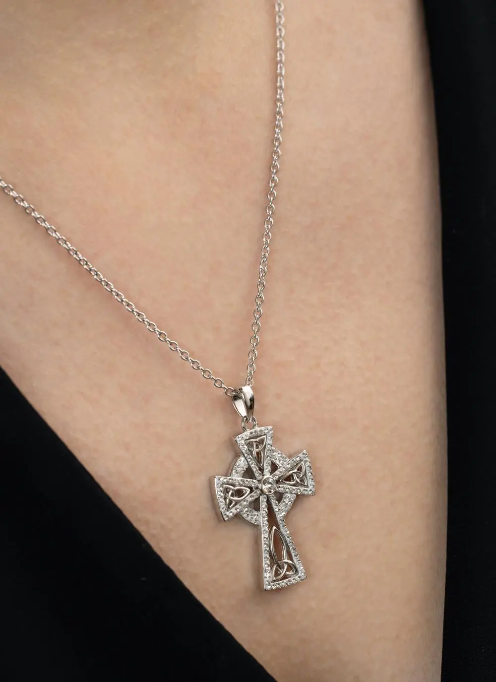 Sterling Silver Celtic Cross Pendant Embellished With Swarovski Crystals