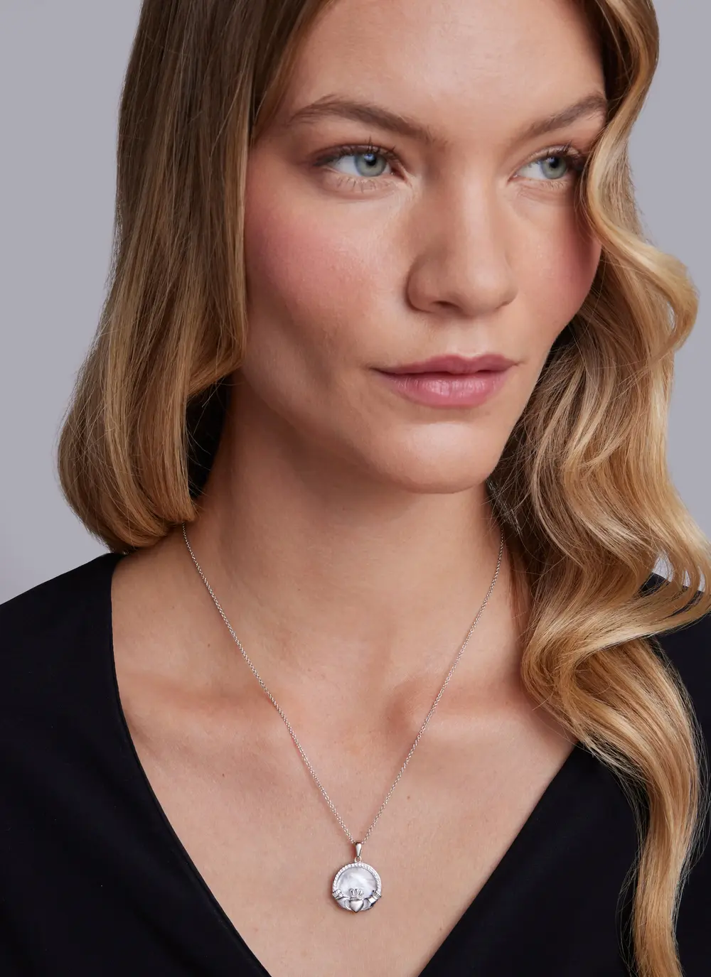 Sterling Silver Mother of Pearl Irish Claddagh Medallion Pendant with White Crystals