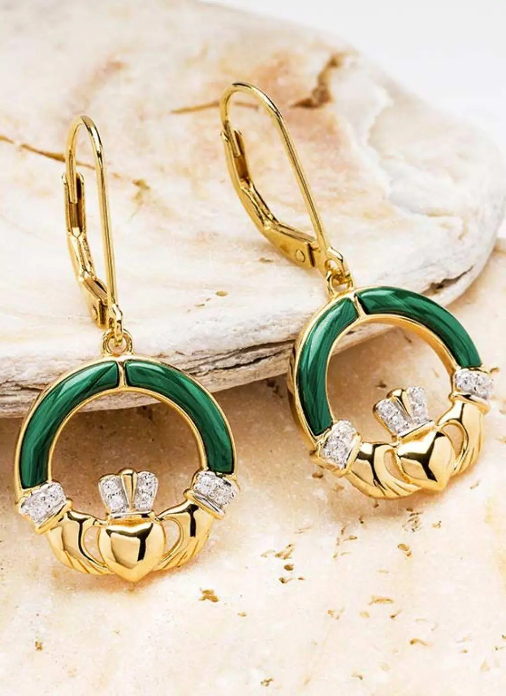 14ct Gold Vermeil Claddagh Earrings with Malachite & Cubic Zirconia