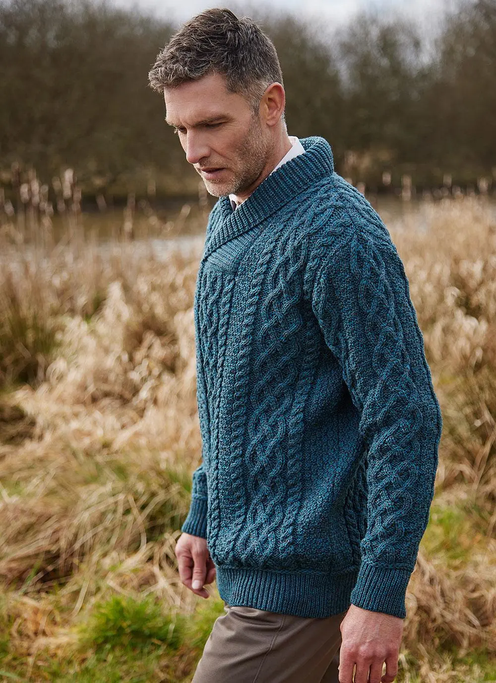 Shawl Collar Aran Sweater