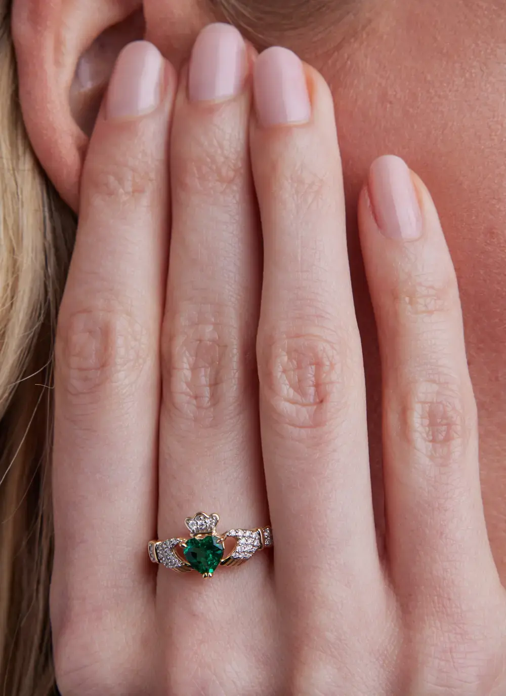 14K Claddagh With Lab Diamond and Emerald