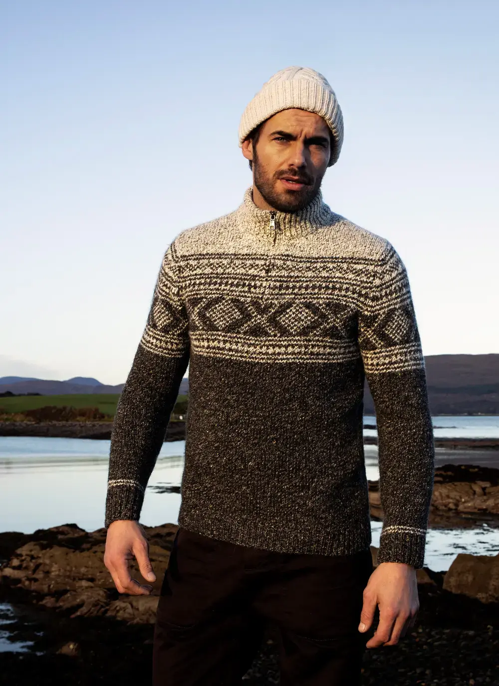 Fisherman Zip Neck Sweater With Jacquard Pattern