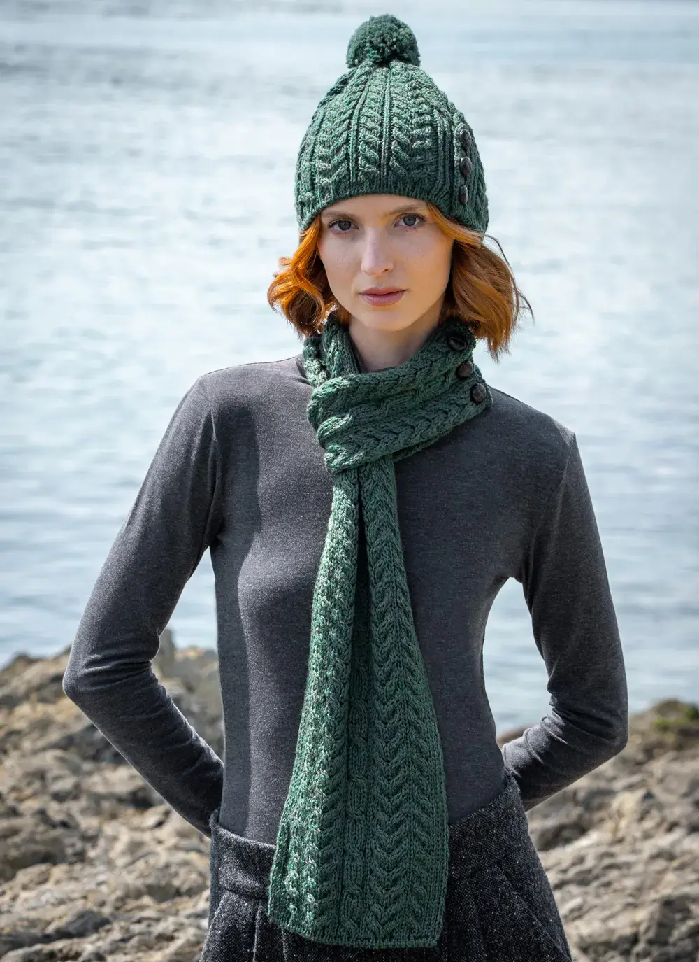 Merino Aran Button Pom Pom Hat