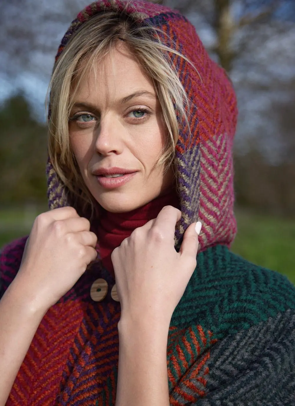 Sarah Hooded Herringbone Check Cape