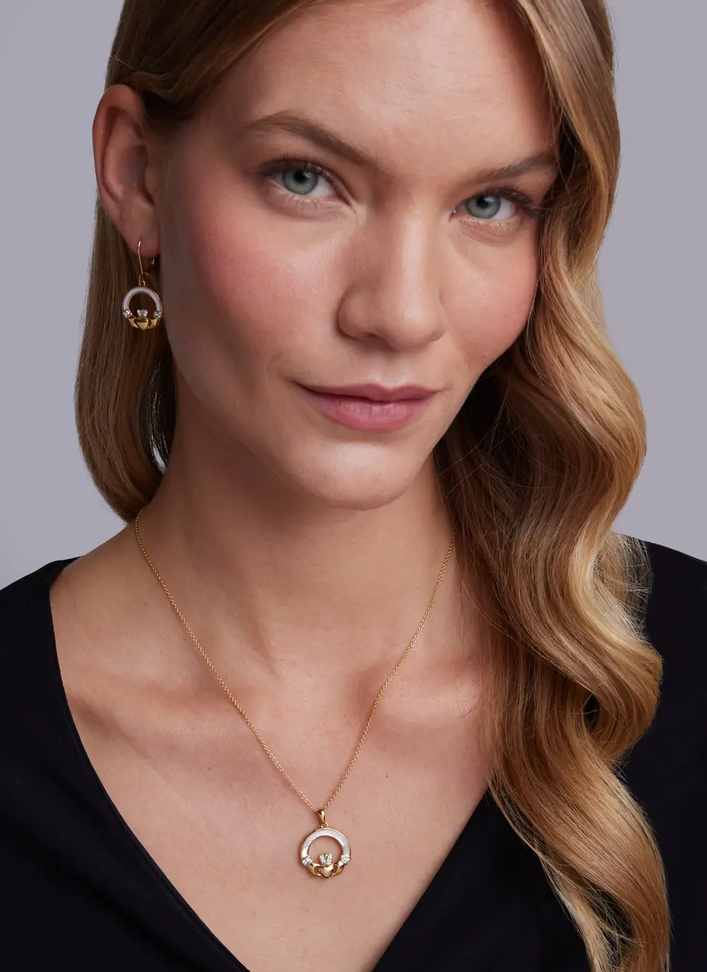 14ct Gold Vermeil Mother of Pearl Claddagh Necklace with White Cubic Zirconia