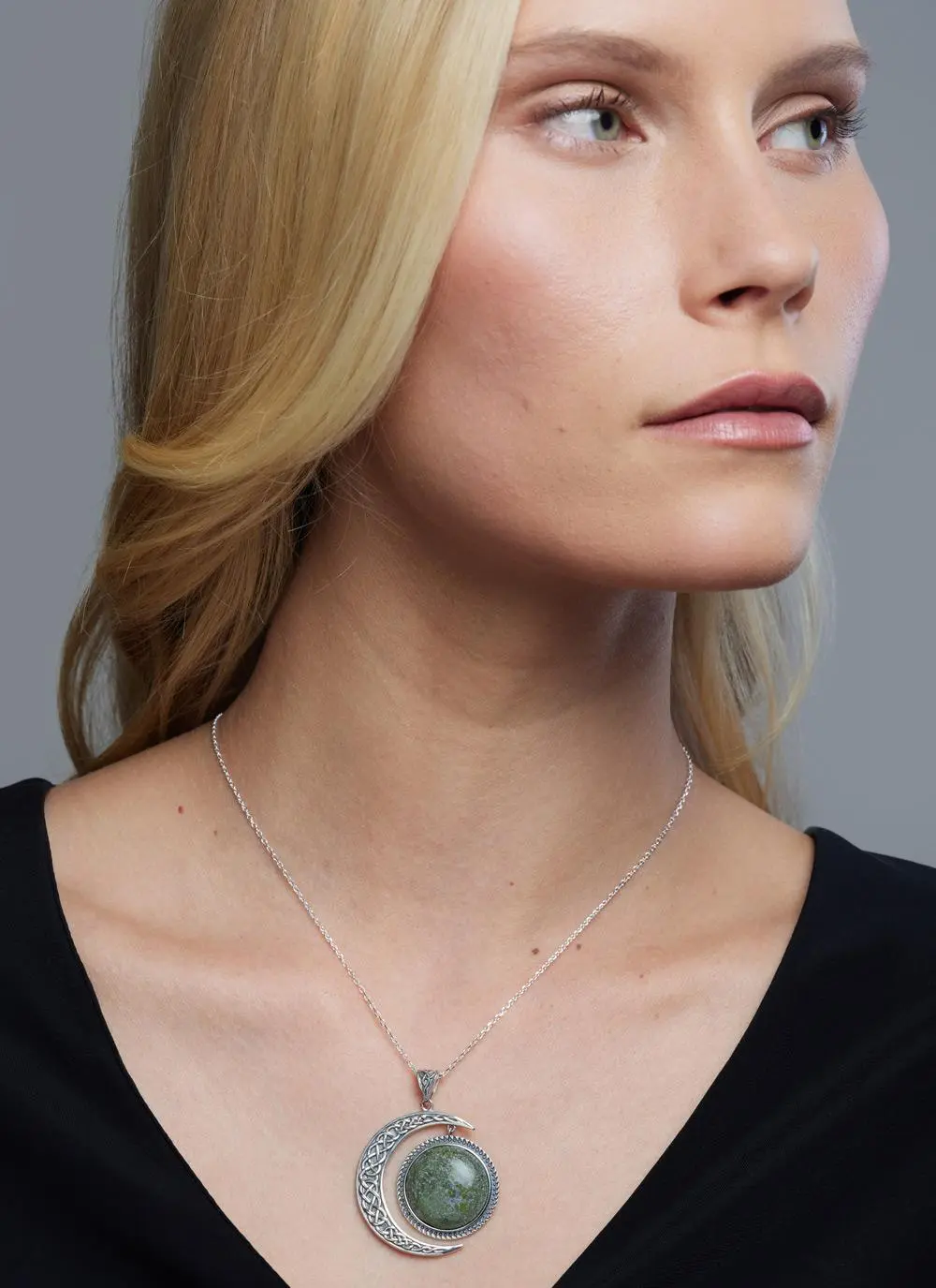 Sterling Silver Connemara Marble Crescent Moon Pendant