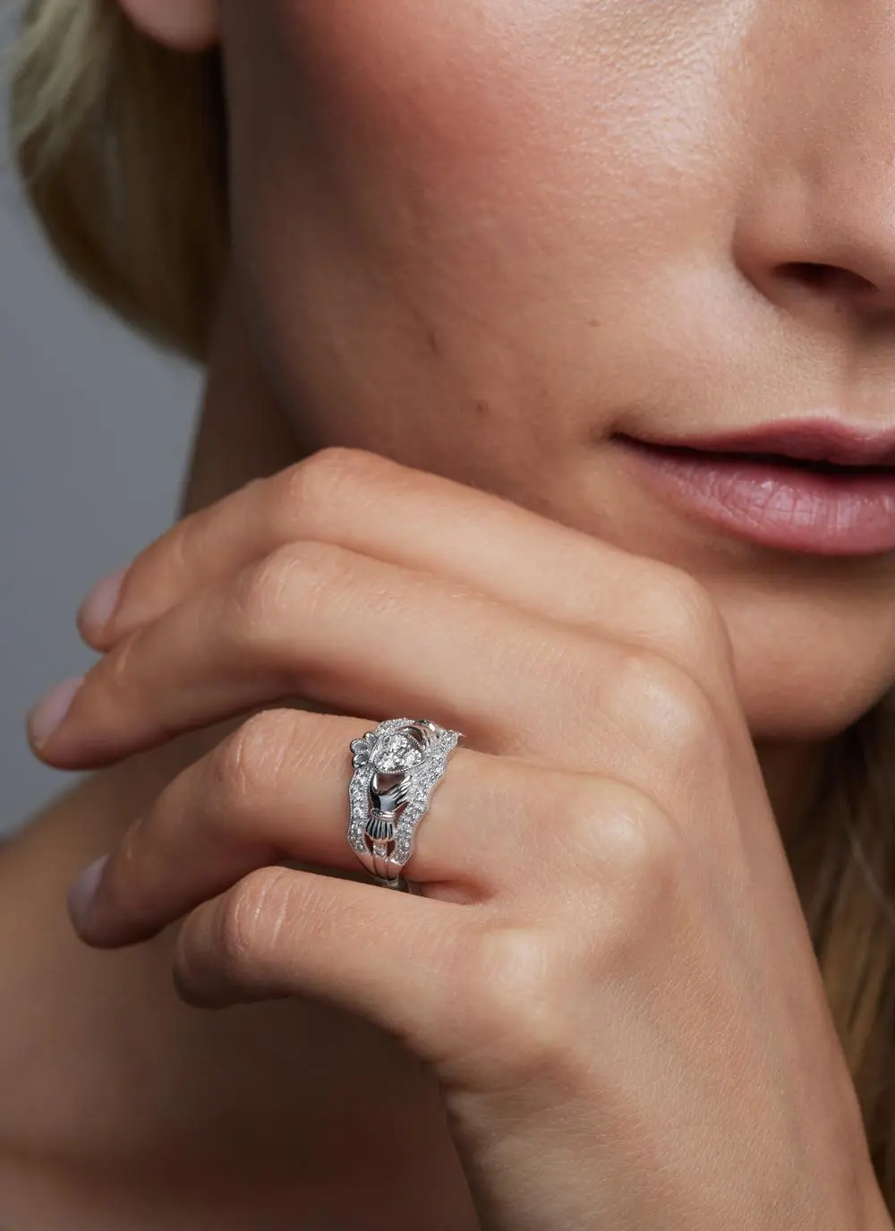 14ct White Gold Diamond Triple Claddagh Ring