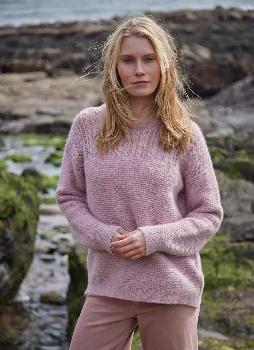Fisherman Alpaca Eyelet Stitch Crew Neck Sweater