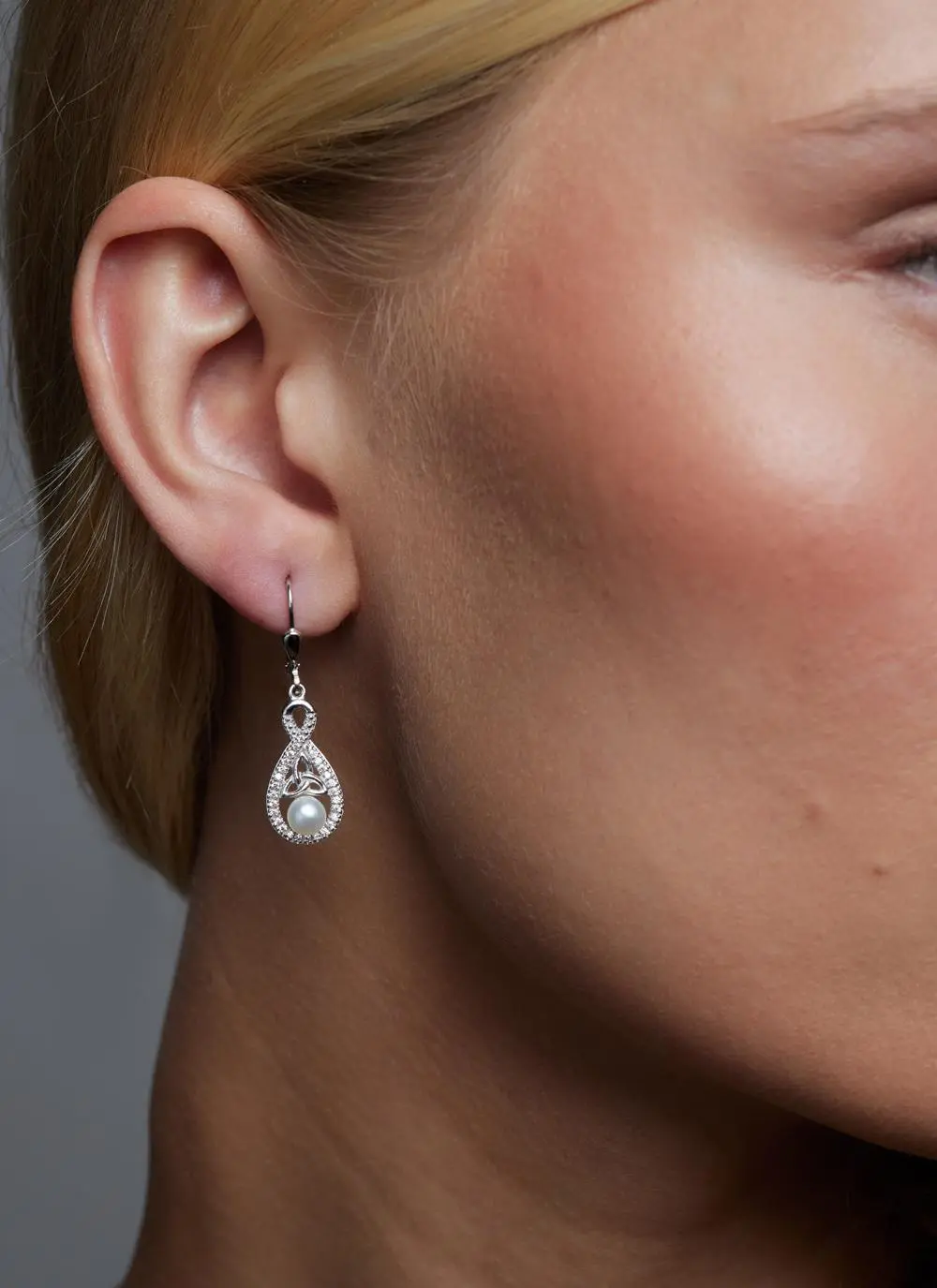 Sterling Silver Pearl & Crystal Trinity Knot Drop Earrings