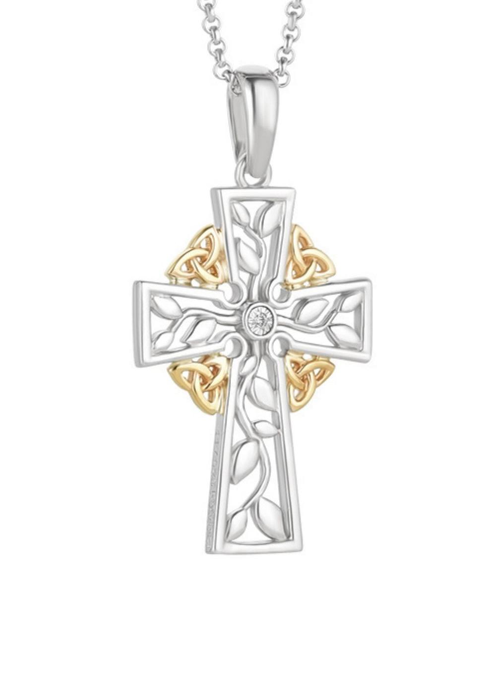 10k Silver Gold & Diamond Tree of Life Cross Pendant