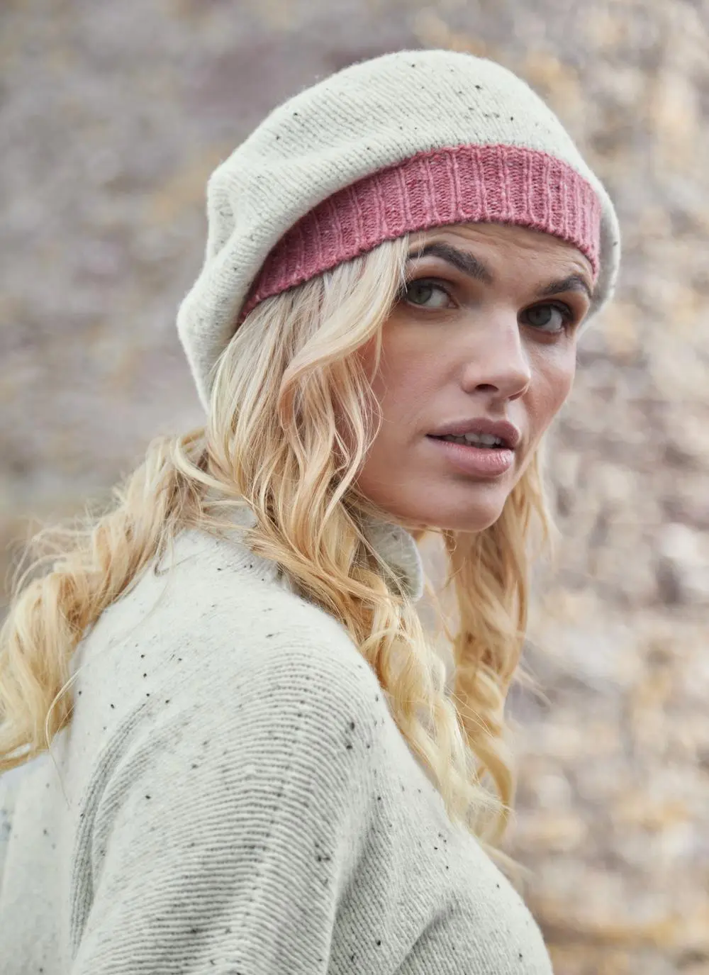 Wool Cashmere Beret with Contrast Rib