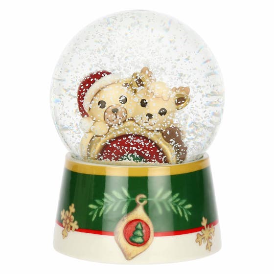 Desideri di Natale resin, ceramic and gla&szlig; snow globe with Teddy and Robin Reindeer with rainbow, large