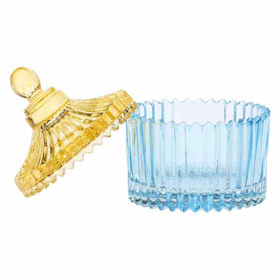 Small gla&szlig; container, blue and yellow