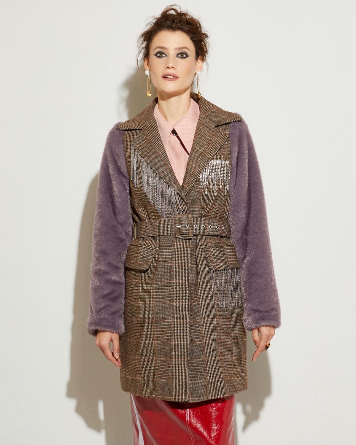 Joanne Hynes Faux Fur and Check Jacket With Removable Collar and Rhinestone Trim