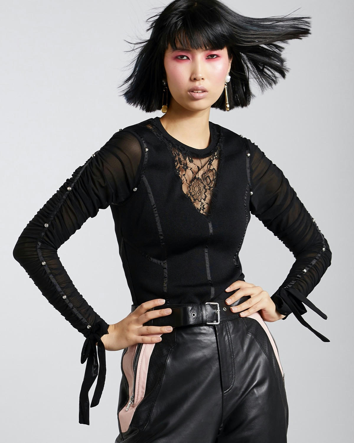 Joanne Hynes Rib Top With Studded Ruched Sleeves