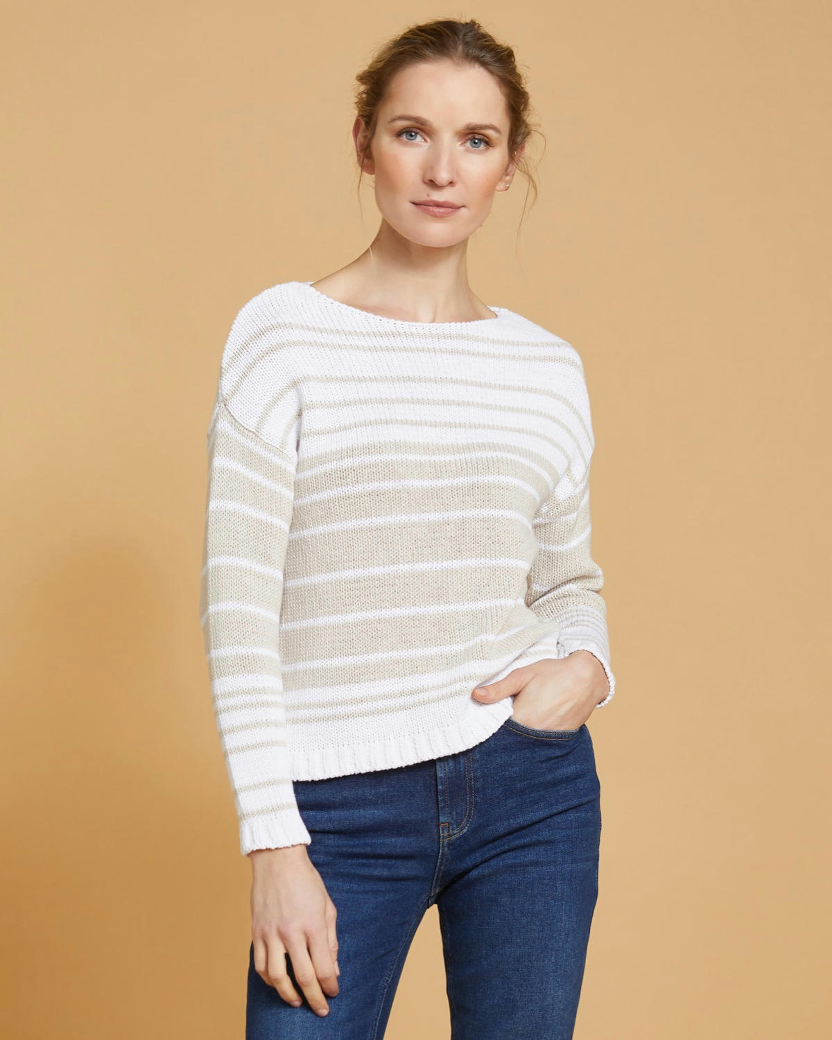 Paul Costelloe Living Studio Long-Sleeved Neutral Stripe Cotton Jumper