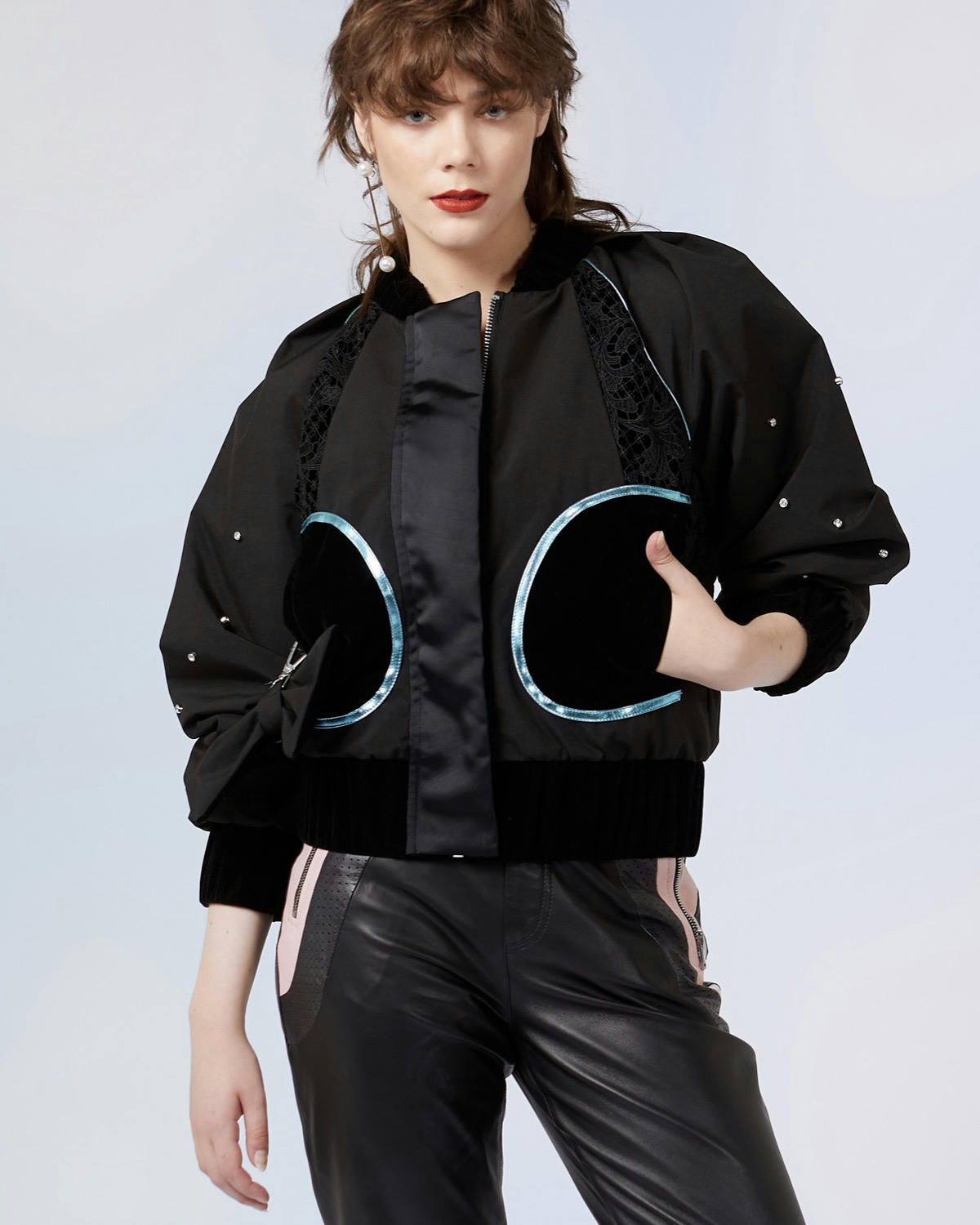 Joanne Hynes Nylon And Lace Bomber With Stud Embellishment