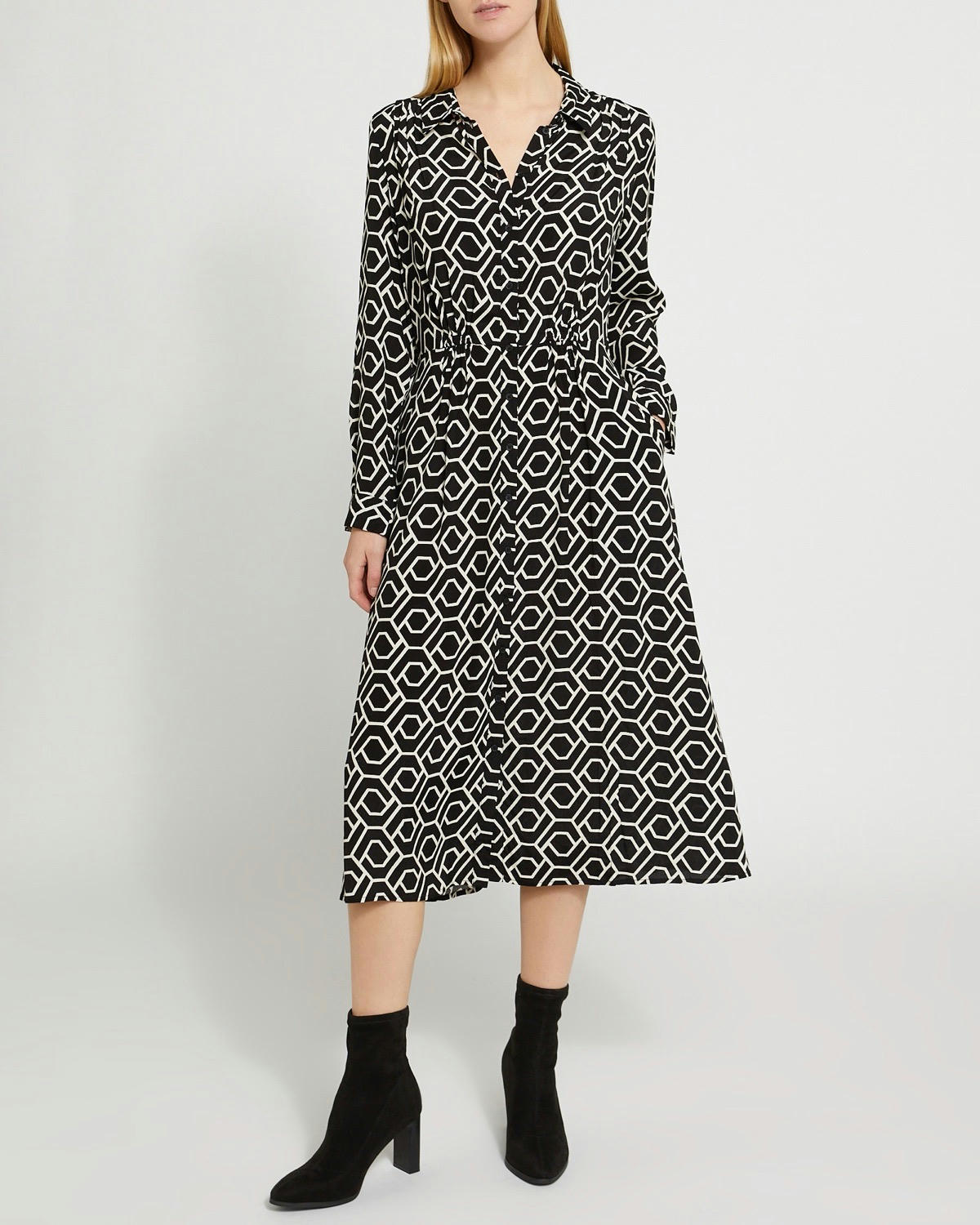 Geo Print Satin Midi Shirt Dress