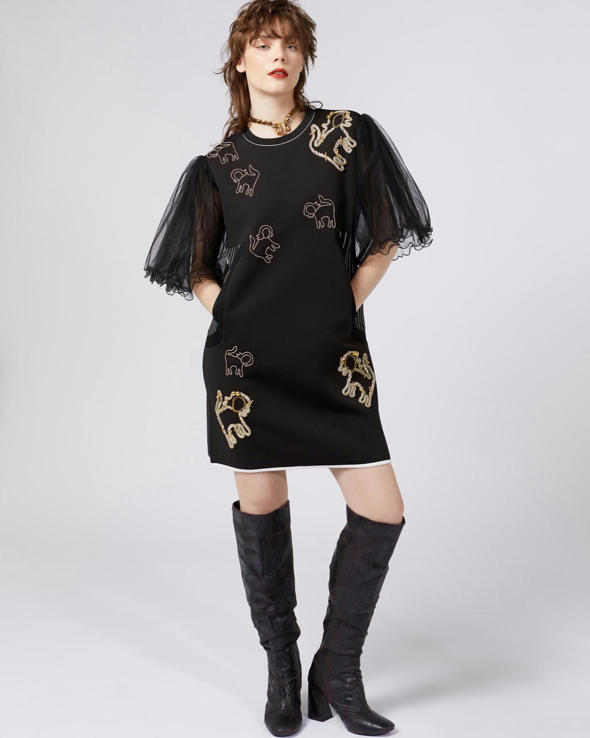 Joanne Hynes Embellished Neoprene Dress With Tulle Sleeves