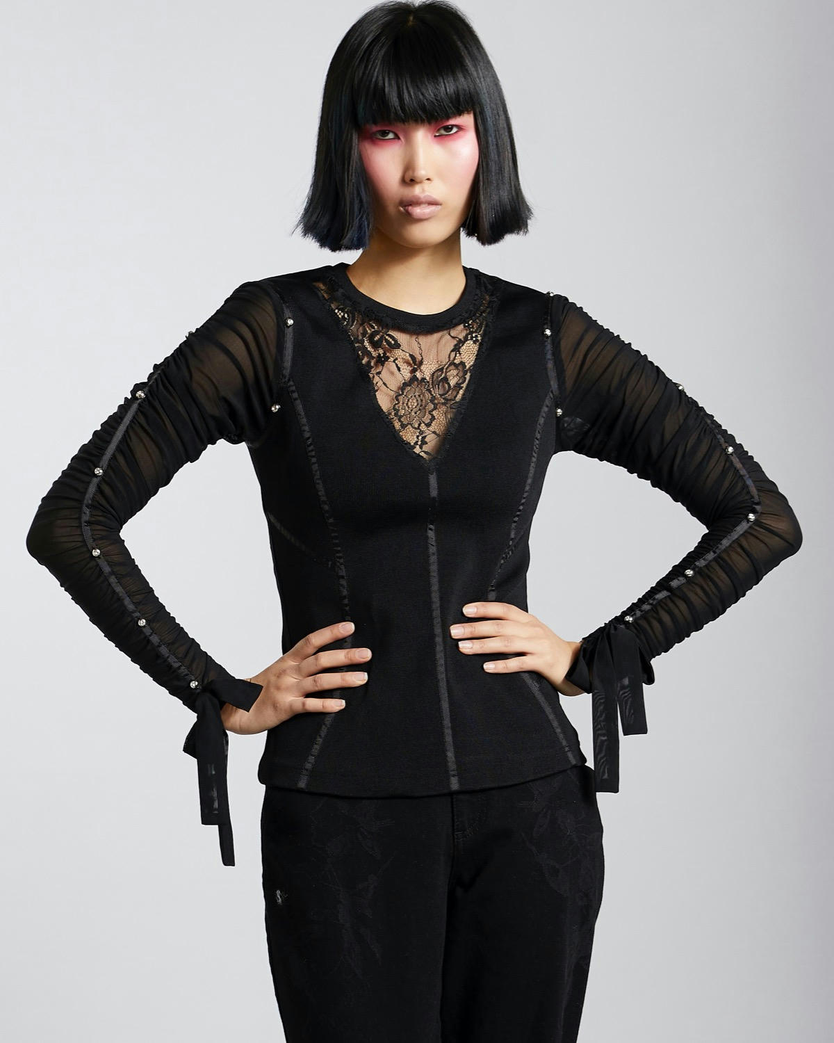 Joanne Hynes Rib Top With Studded Ruched Sleeves