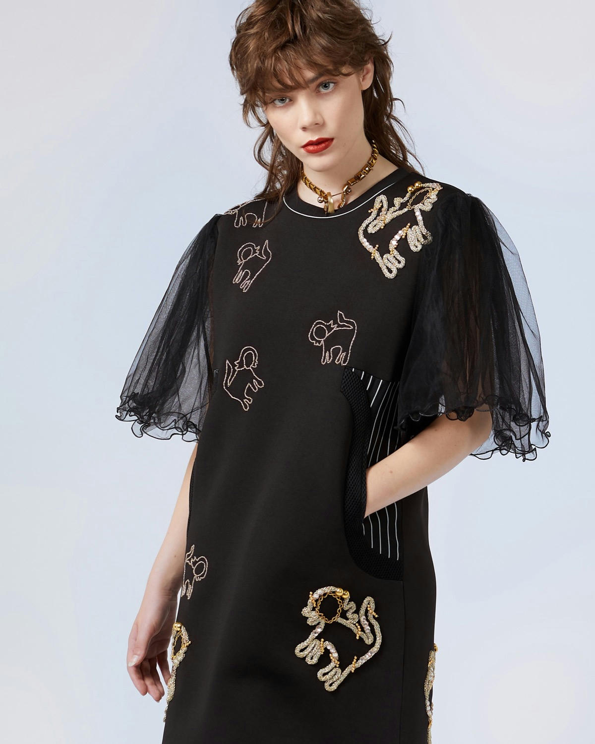 Joanne Hynes Embellished Neoprene Dress With Tulle Sleeves