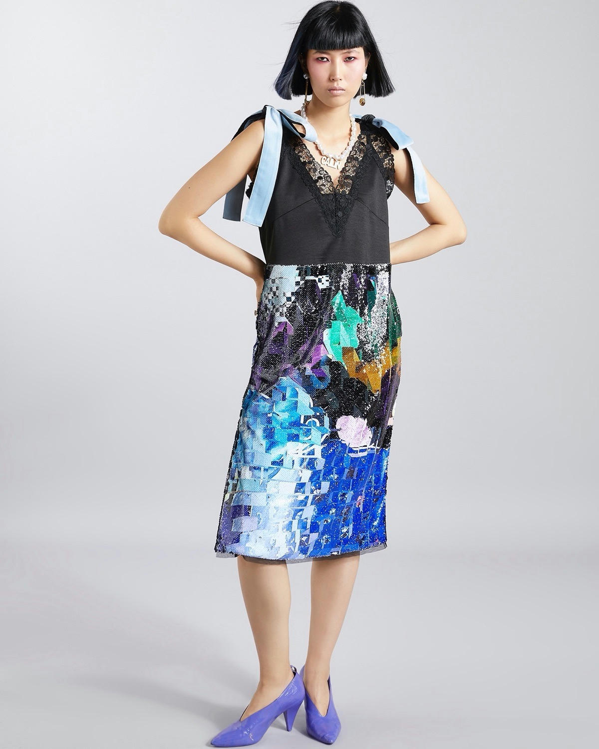 Joanne Hynes Midi Slip Dress With Sequin Skirt And Lace Details