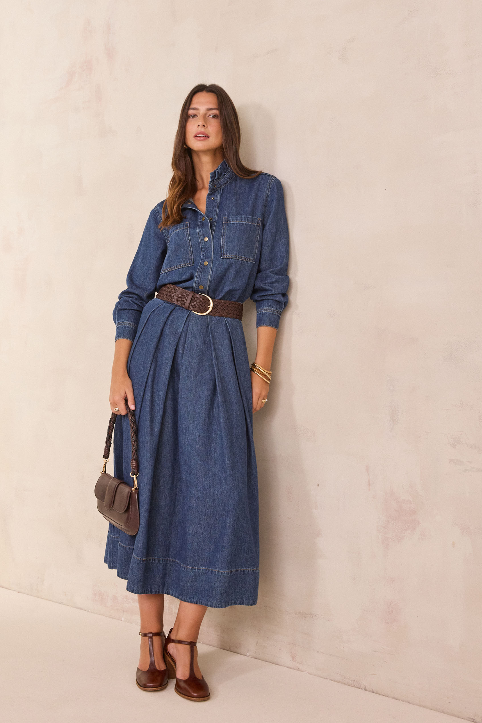 OXANE pleated denim midi skirt
