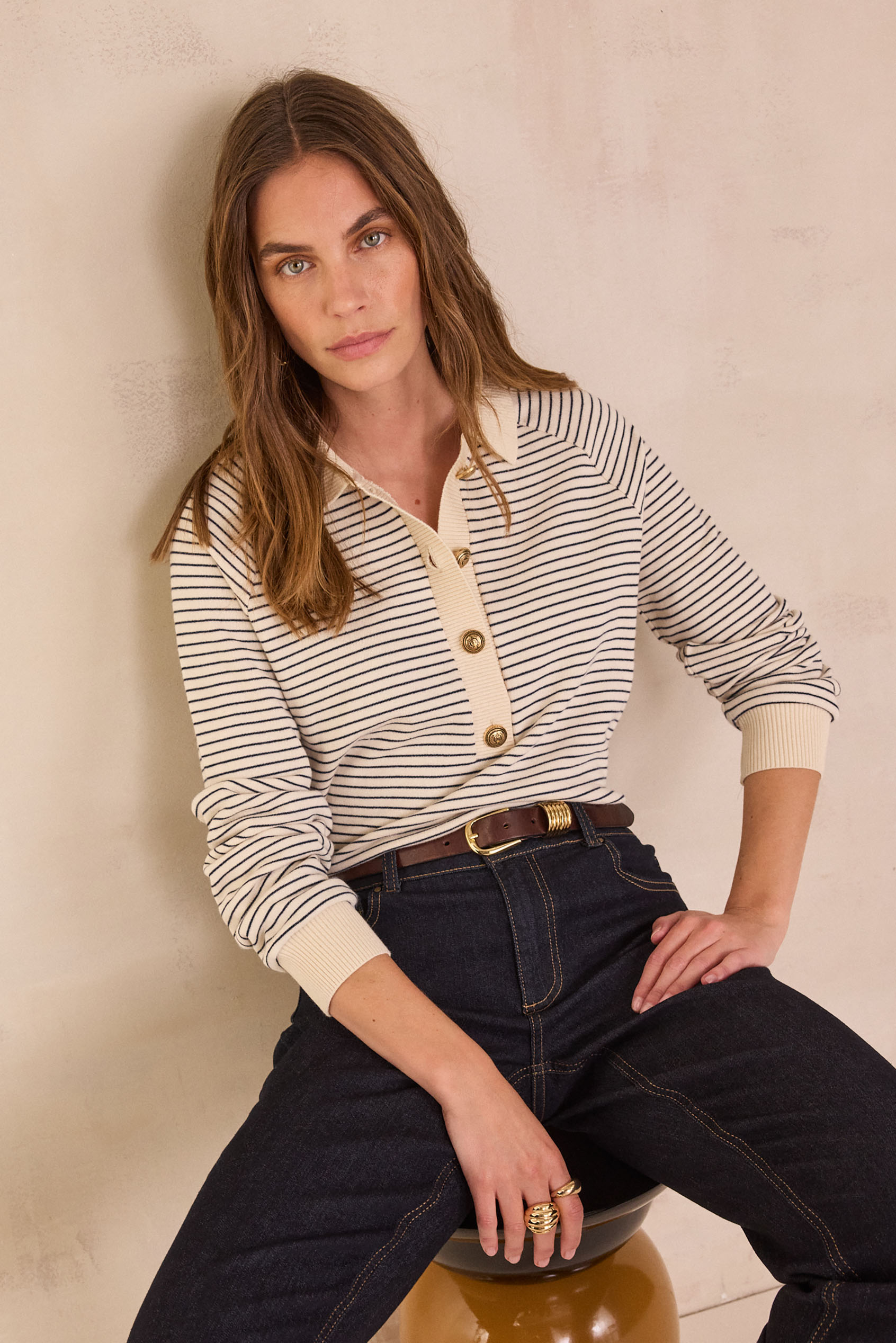 Striped polo collar sweatshirt in 100% cotton LIVIO