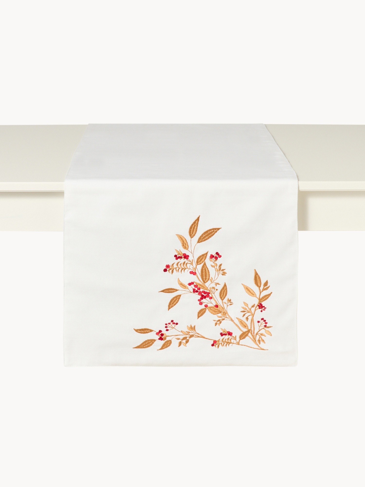 Runner in slub di puro cotone con ricamo foliage