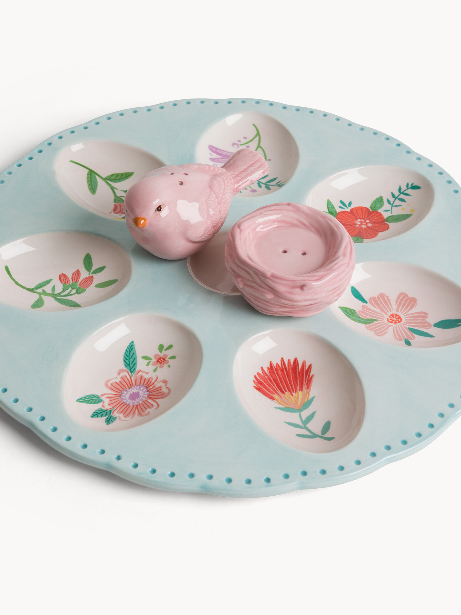 Piatto porta uova con uccellini sale e pepe in ceramica