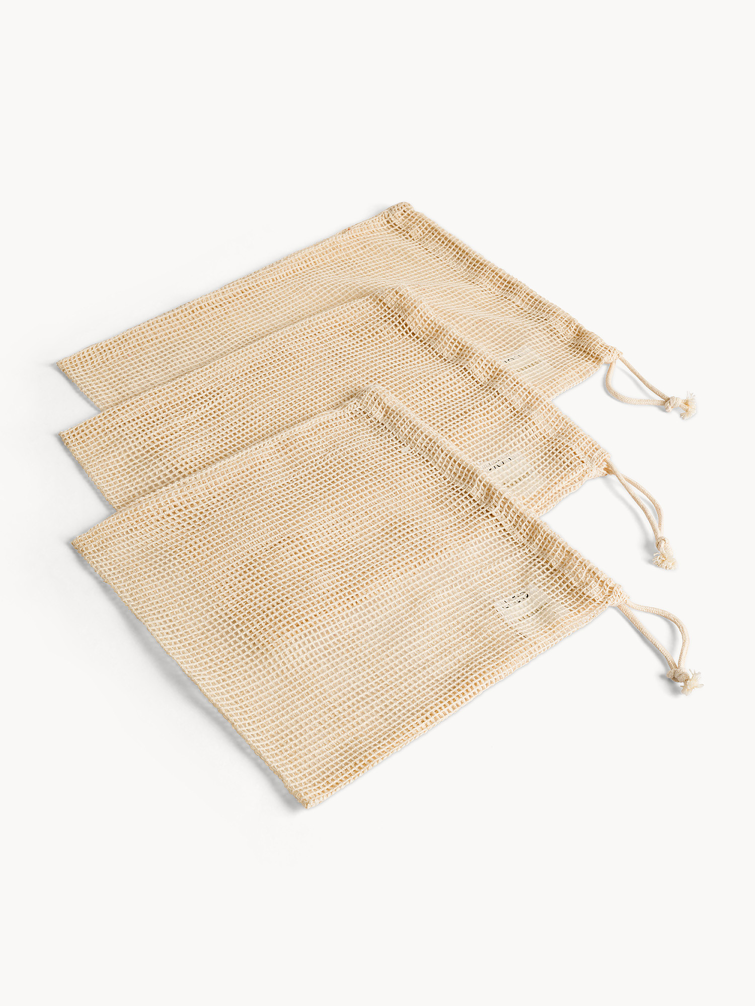 Set 3 sacchetti a rete in puro cotone con laccio regolabili