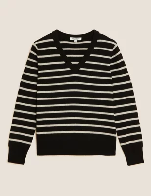 Pure Cashmere Striped V-Neck Jumper