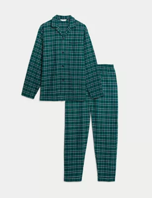Longer Length Brushed Cotton Checked Pyjama Set