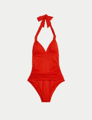 Padded Ruched Halterneck Plunge Swimsuit