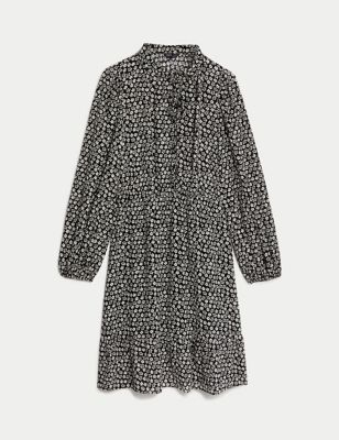 Jacquard Tie Neck Knee Length Waisted Dress