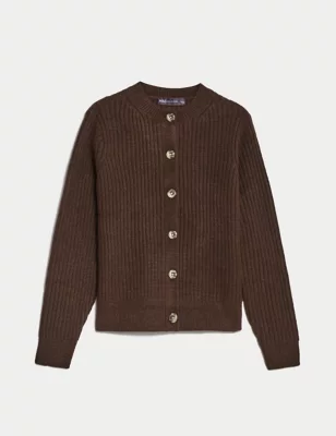 Knitted Ribbed Crew Neck Cardigan