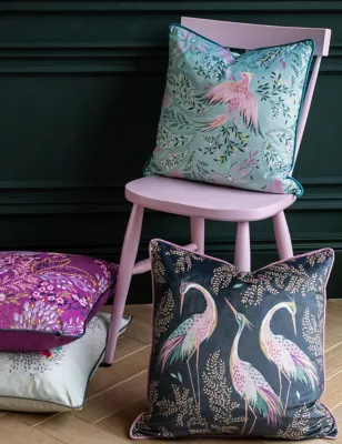 Velvet Dancing Cranes Piped Cushion