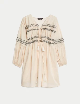 Pure Cotton Embroidered V-Neck Beach Dress