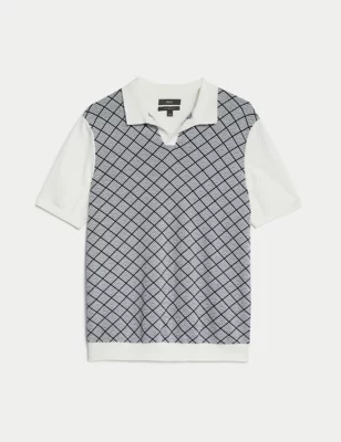 Cotton Rich Geometric Knitted Polo Shirt