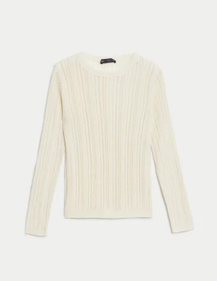 Cotton Blend Textured Crew Neck Jumper