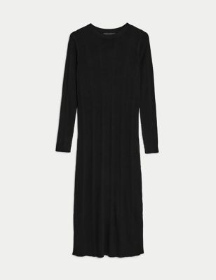 Knitted Ribbed Crew Neck Midi Dress