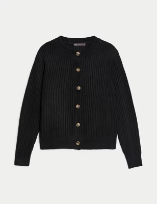 Knitted Ribbed Crew Neck Cardigan