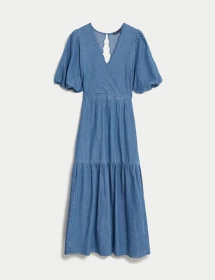 Denim V-Neck Midi Wrap Dress