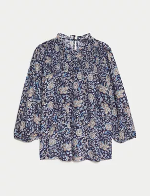 Floral High Neck Smocked Blouse