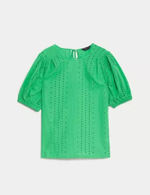 Pure Cotton Broderie Puff Sleeve Blouse
