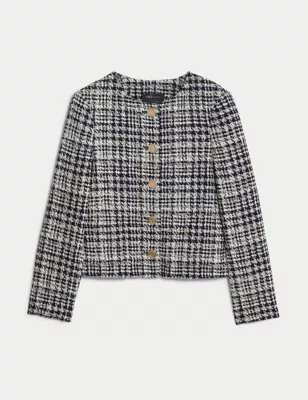 Tweed Checked Collarless Short Jacket