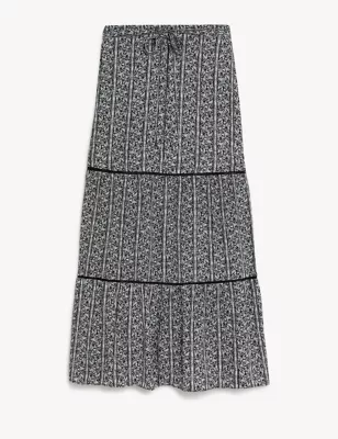 Printed Belted Maxi Tiered Skirt